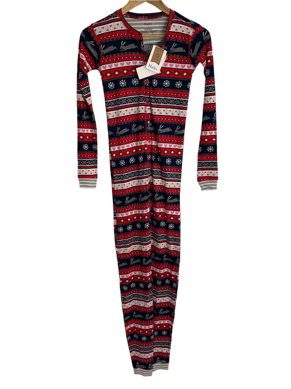 Hatley Navy & Red Fair Isle Bunny Button up One Piece Pajamas Size 12 new